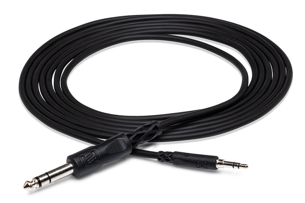 5 foot black audio cable with 3.5mm and 1/4 inch connectors on a white background