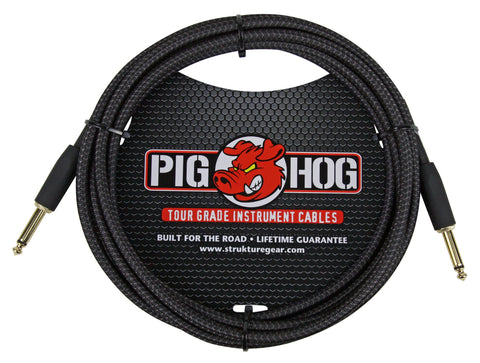 Pig Hog 10' Black Woven Instrument Cable, Straight 1/4" Ends, Lifetime Warranty
