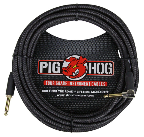 Pig Hog 20' Black Woven Instrument Cable, 1 Right Angle, 1 Straight 1/4" End, Li