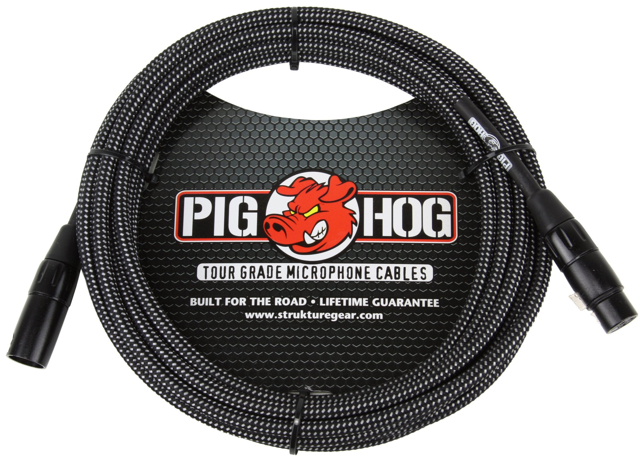 Pig Hog 10' Black/White Woven Microphone Cable, XLR Ends, Lifetime Warranty