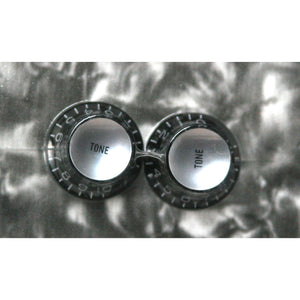 Silver Reflector Cap Black Tone Knobs (Qty 2), Fits USA Split Shaft Pots