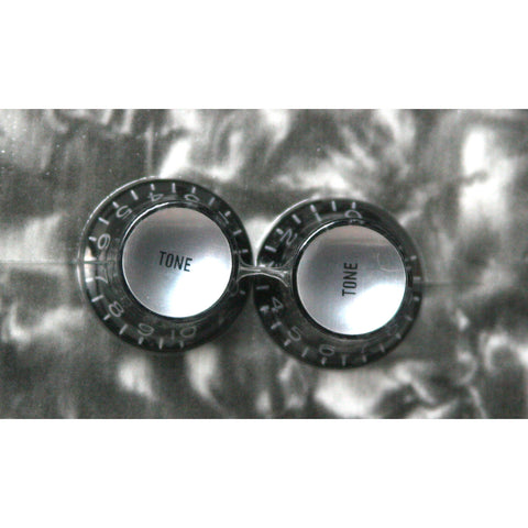 Silver Reflector Cap Black Tone Knobs (Qty 2), Fits USA Split Shaft Pots